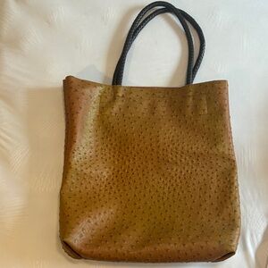 Brown Ostrich-Texture Tote with Black Handles